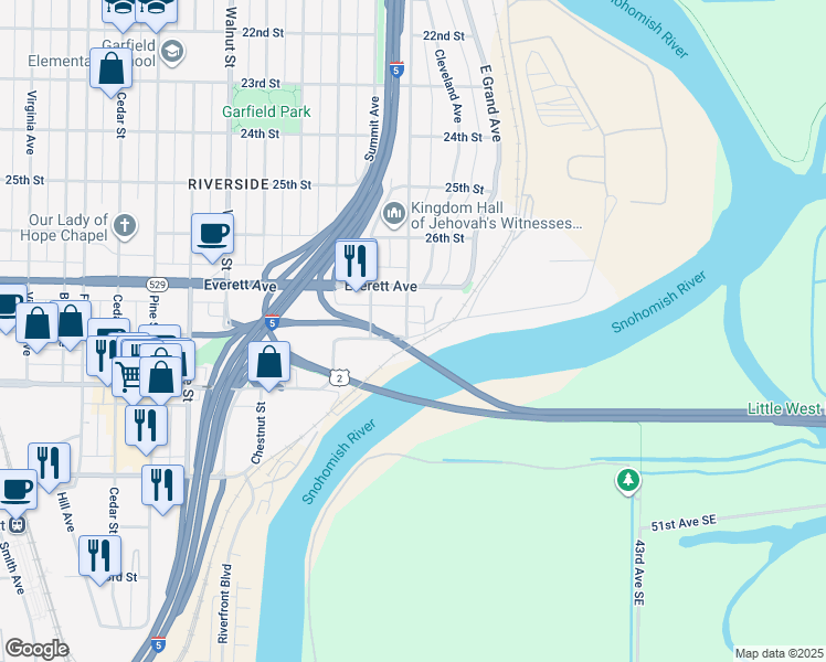 map of restaurants, bars, coffee shops, grocery stores, and more near 2729 Harrison Avenue in Everett