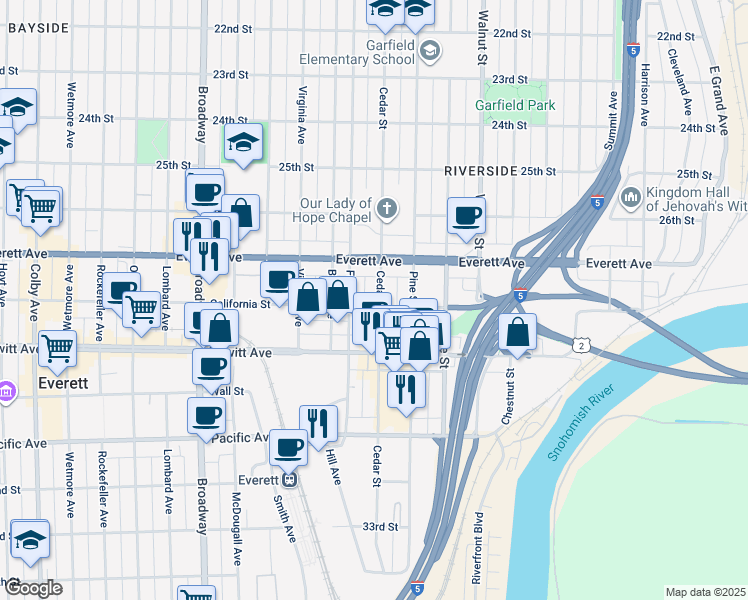 map of restaurants, bars, coffee shops, grocery stores, and more near 2730 Cedar Street in Everett