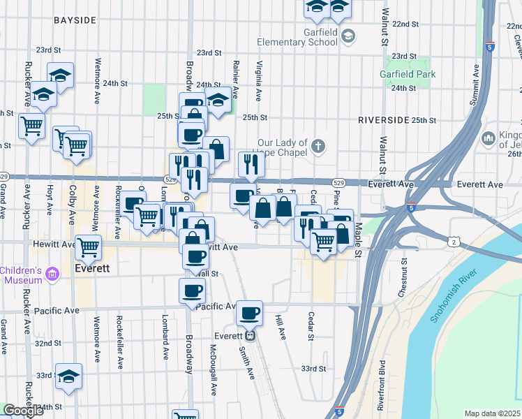map of restaurants, bars, coffee shops, grocery stores, and more near 2731 Virginia Avenue in Everett