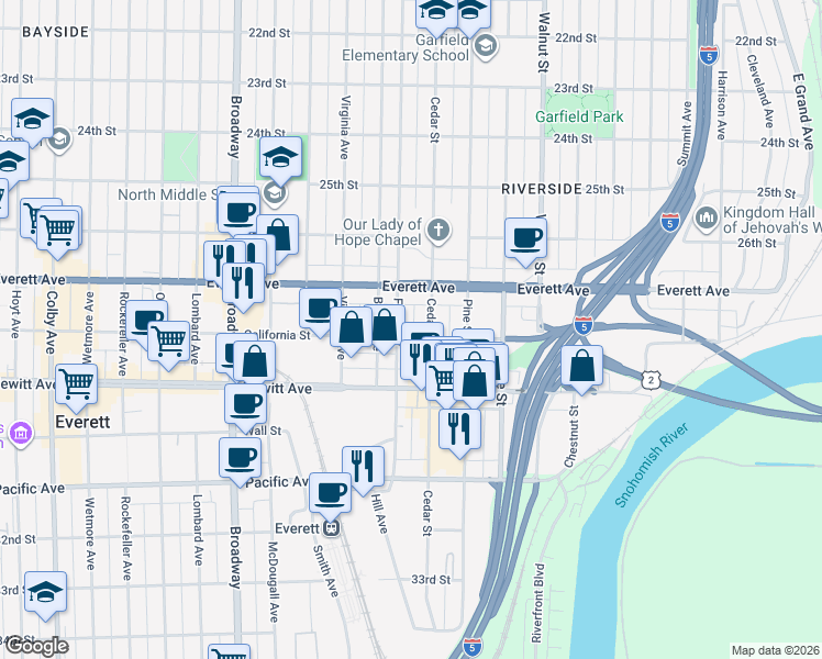 map of restaurants, bars, coffee shops, grocery stores, and more near 2709 California Street in Everett
