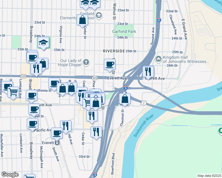 map of restaurants, bars, coffee shops, grocery stores, and more near 2727 Maple Street in Everett