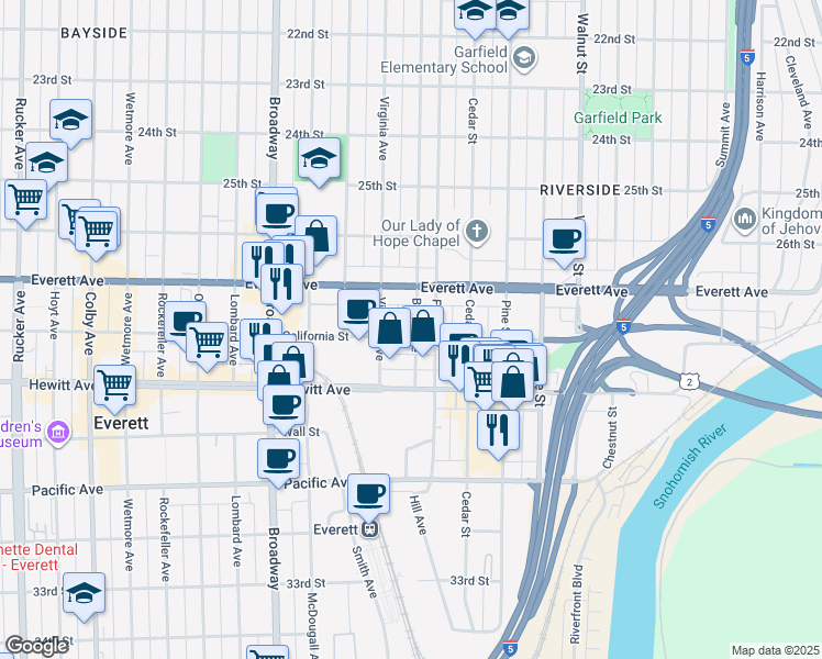 map of restaurants, bars, coffee shops, grocery stores, and more near 2732 Baker Avenue in Everett