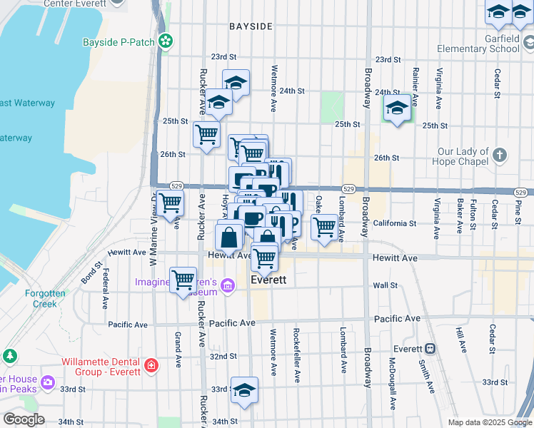 map of restaurants, bars, coffee shops, grocery stores, and more near 1621 California Street in Everett