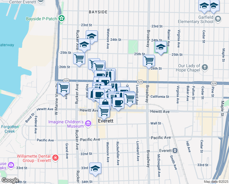 map of restaurants, bars, coffee shops, grocery stores, and more near 1712 California Street in Everett