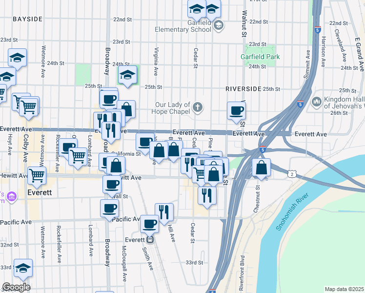 map of restaurants, bars, coffee shops, grocery stores, and more near 2719 Fulton Street in Everett