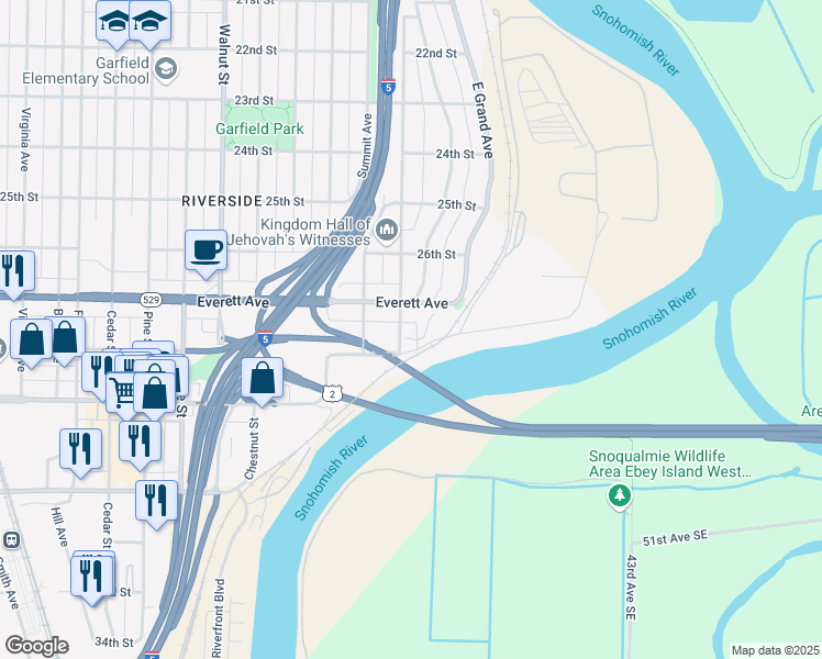 map of restaurants, bars, coffee shops, grocery stores, and more near 2729 Harrison Avenue in Everett