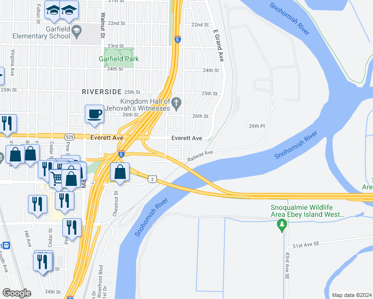 map of restaurants, bars, coffee shops, grocery stores, and more near 2715 Harrison Avenue in Everett