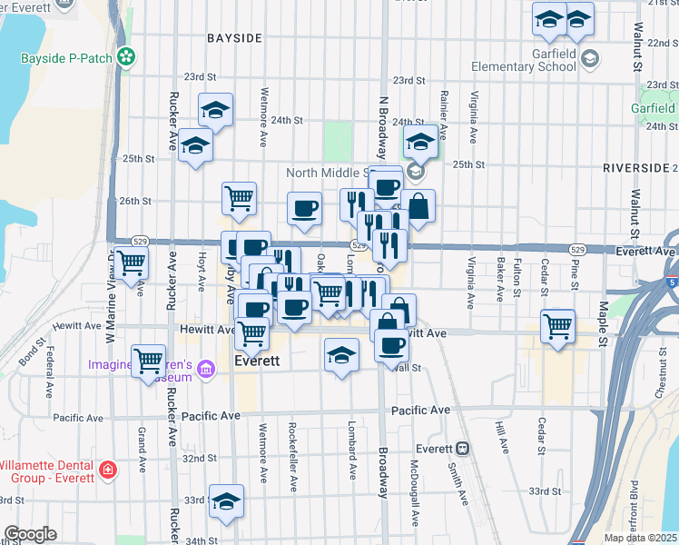 map of restaurants, bars, coffee shops, grocery stores, and more near 2726 Lombard Avenue in Everett