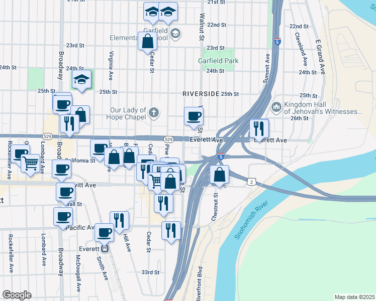 map of restaurants, bars, coffee shops, grocery stores, and more near 2727 Maple Street in Everett