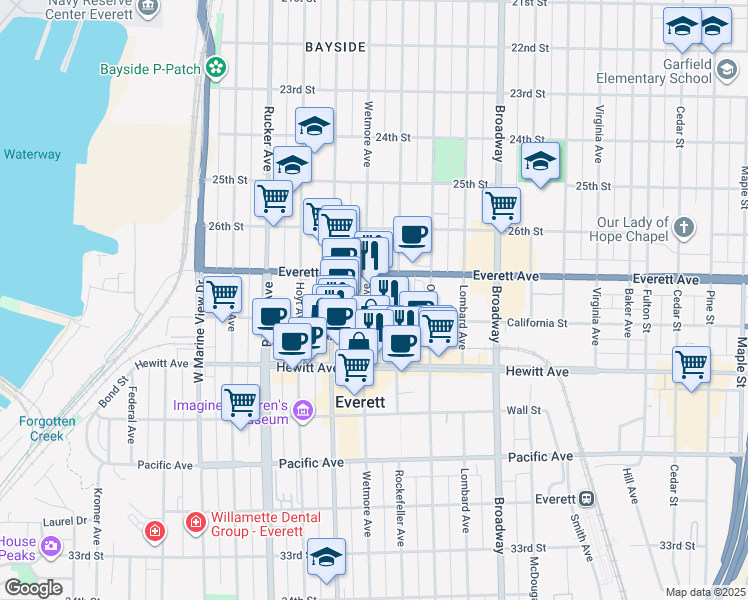 map of restaurants, bars, coffee shops, grocery stores, and more near 1712 California Street in Everett