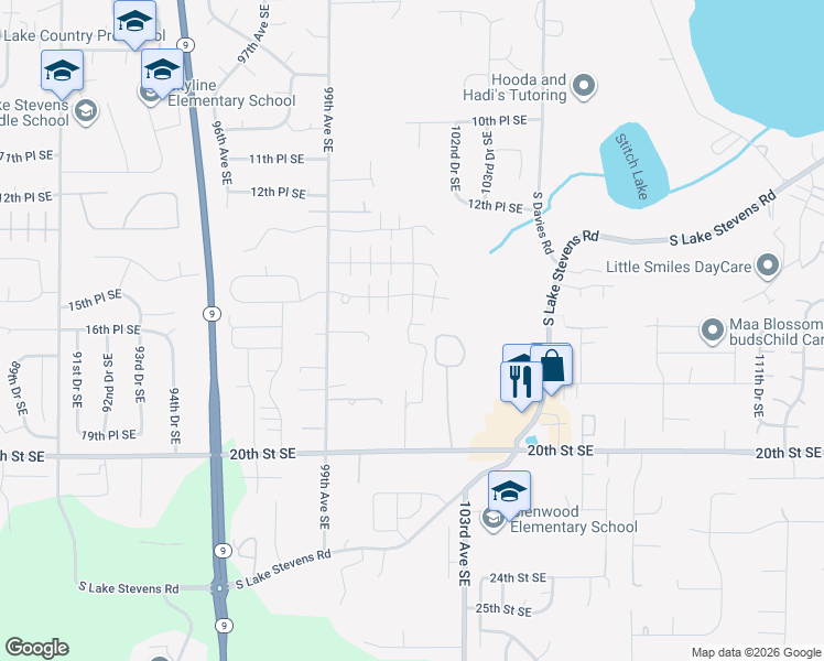 map of restaurants, bars, coffee shops, grocery stores, and more near 1525 99th Avenue Southeast in Lake Stevens