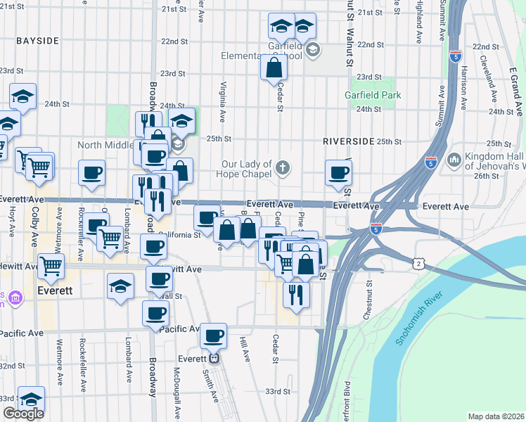 map of restaurants, bars, coffee shops, grocery stores, and more near in Everett