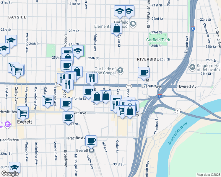 map of restaurants, bars, coffee shops, grocery stores, and more near in Everett