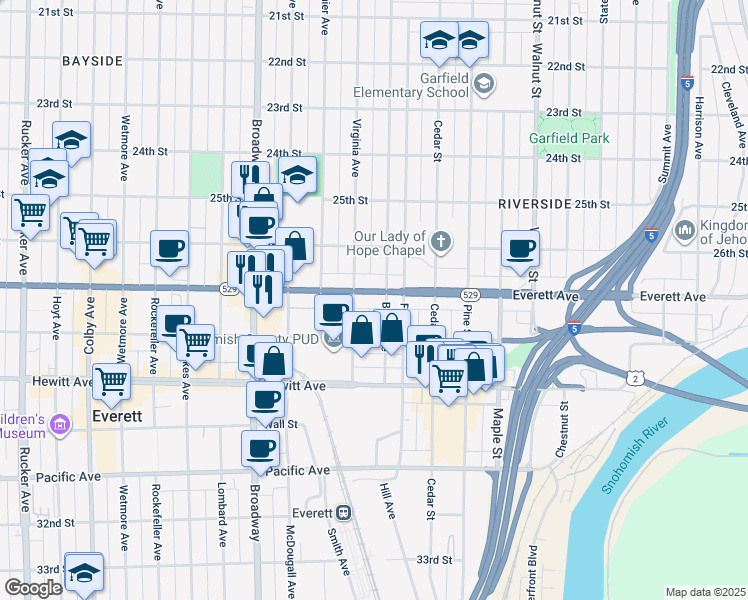 map of restaurants, bars, coffee shops, grocery stores, and more near 2412 Everett Avenue in Everett