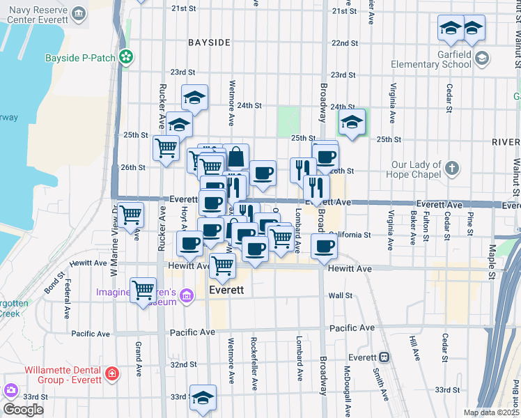 map of restaurants, bars, coffee shops, grocery stores, and more near 1823 Everett Avenue in Everett
