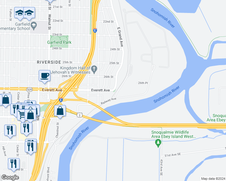 map of restaurants, bars, coffee shops, grocery stores, and more near 4521 East Grand Avenue in Everett