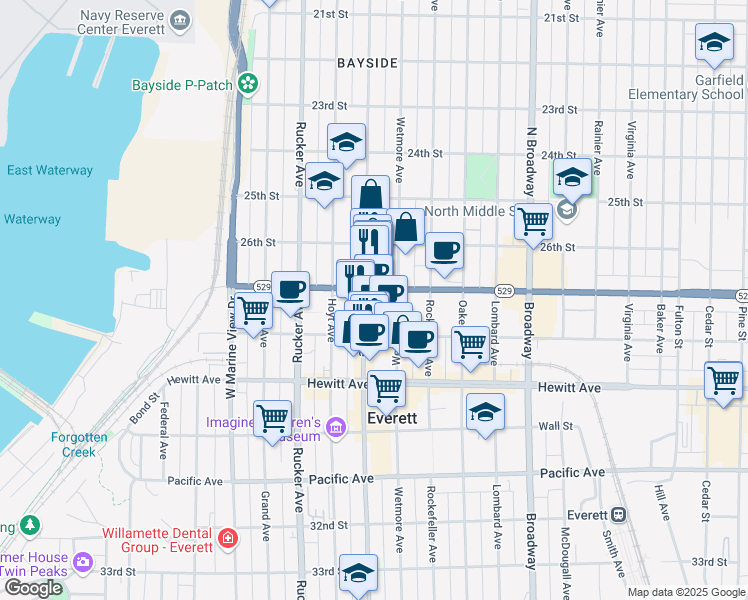 map of restaurants, bars, coffee shops, grocery stores, and more near 2625 Colby Avenue in Everett