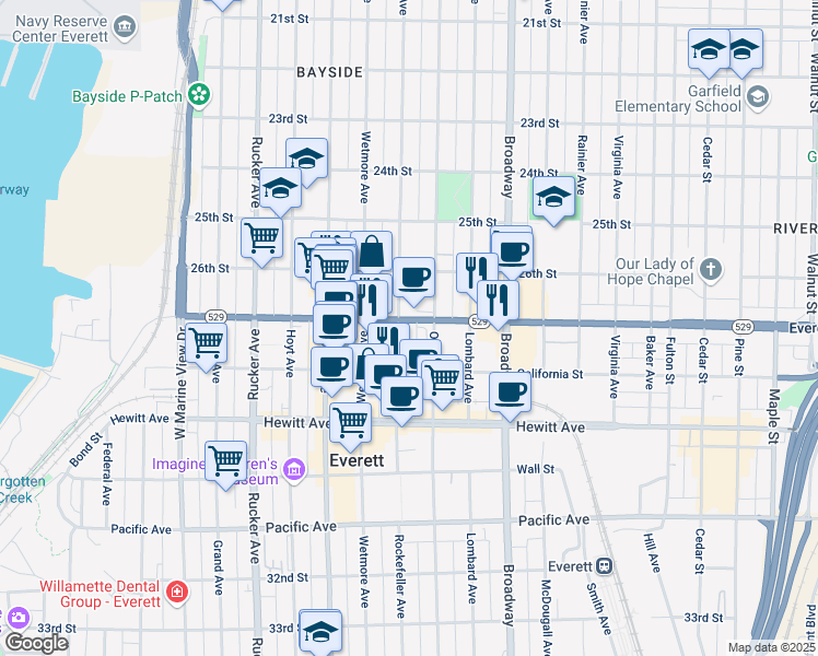 map of restaurants, bars, coffee shops, grocery stores, and more near 2701 Rockefeller Avenue in Everett