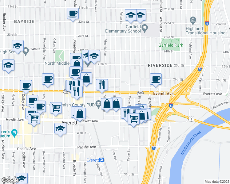 map of restaurants, bars, coffee shops, grocery stores, and more near 2602 Everett Avenue in Everett