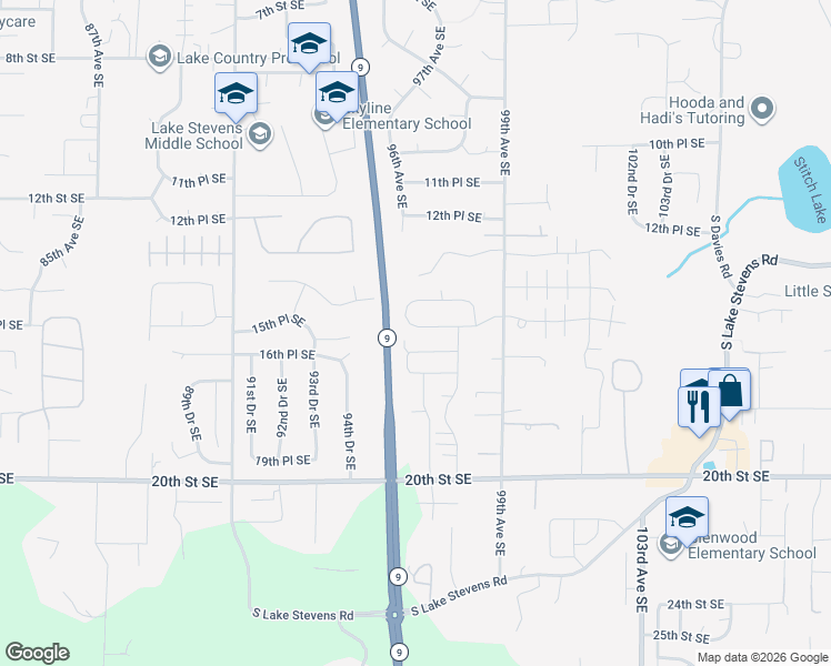 map of restaurants, bars, coffee shops, grocery stores, and more near 9650 15th Place Southeast in Lake Stevens
