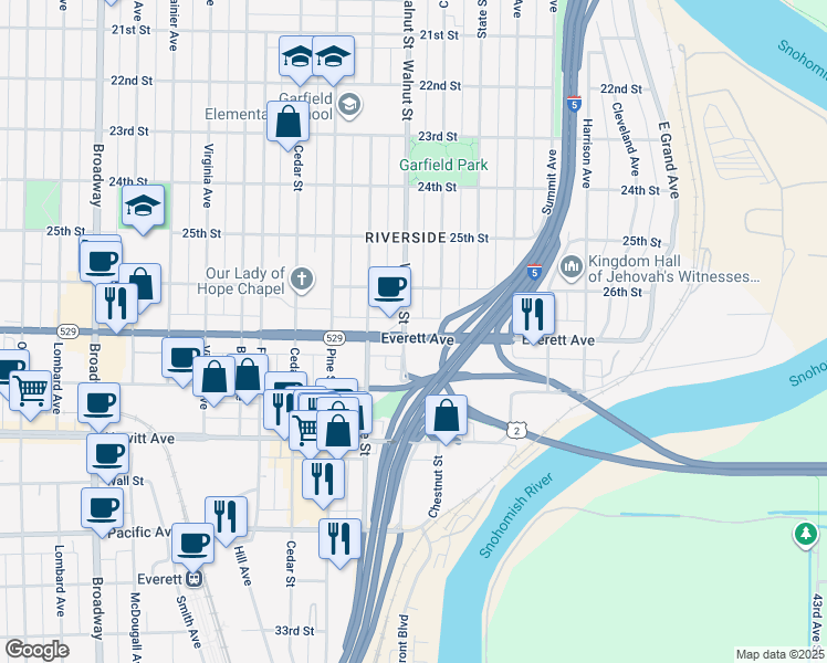map of restaurants, bars, coffee shops, grocery stores, and more near 2631 Walnut Street in Everett