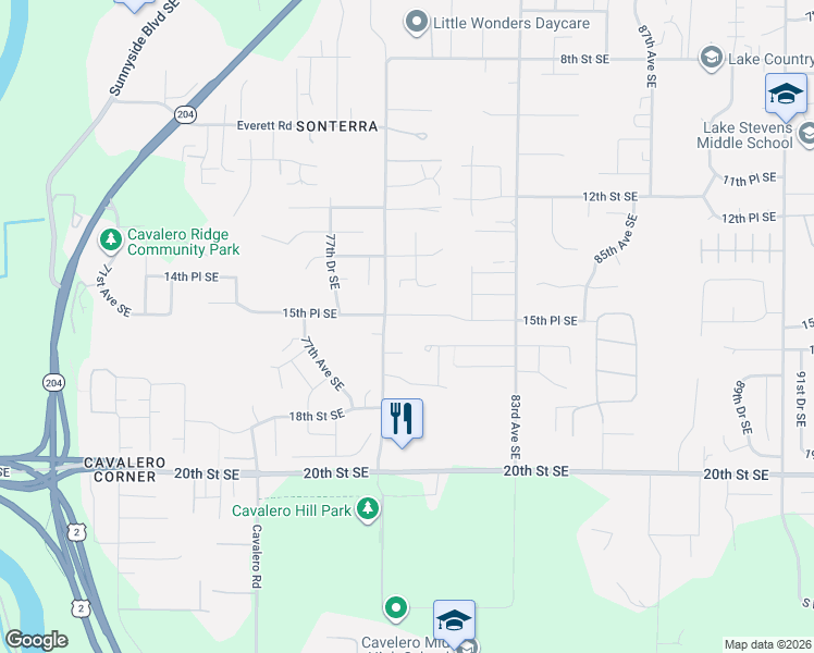map of restaurants, bars, coffee shops, grocery stores, and more near 7910 Grace Lane in Lake Stevens