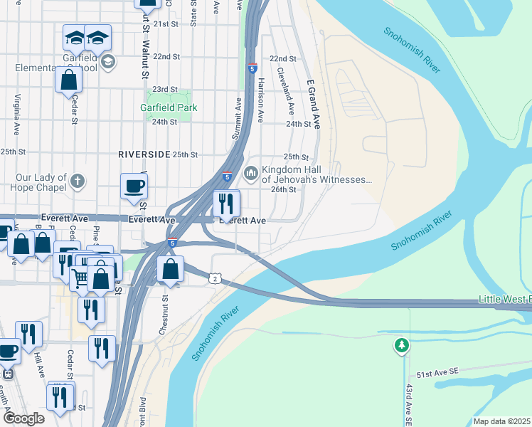 map of restaurants, bars, coffee shops, grocery stores, and more near 2629 Harrison Avenue in Everett