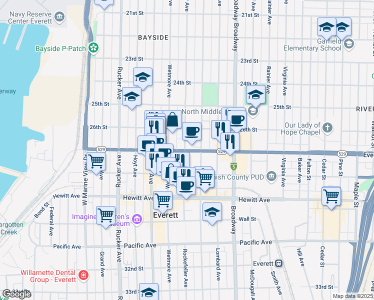 map of restaurants, bars, coffee shops, grocery stores, and more near 2701 Rockefeller Avenue in Everett