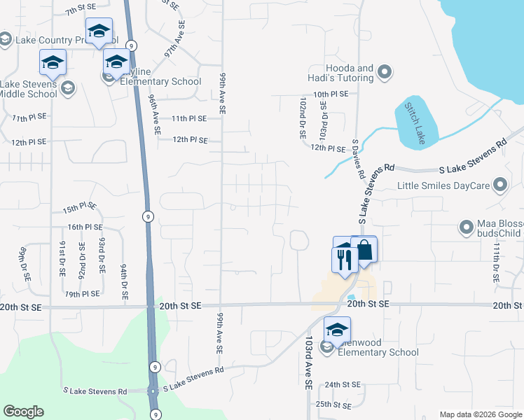 map of restaurants, bars, coffee shops, grocery stores, and more near 10042 15th Place Southeast in Lake Stevens