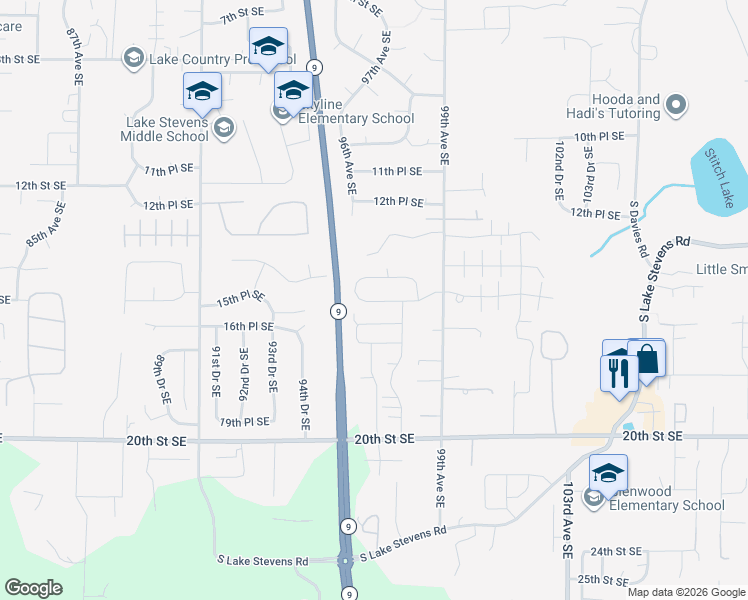 map of restaurants, bars, coffee shops, grocery stores, and more near 9650 15th Place Southeast in Lake Stevens