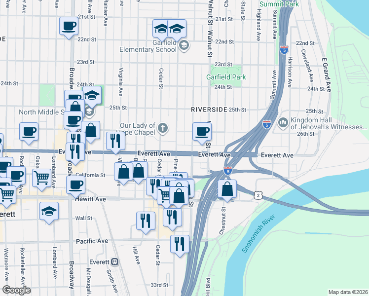 map of restaurants, bars, coffee shops, grocery stores, and more near 2911 Everett Avenue in Everett
