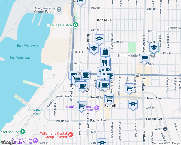 map of restaurants, bars, coffee shops, grocery stores, and more near 2629 Rucker Avenue in Everett