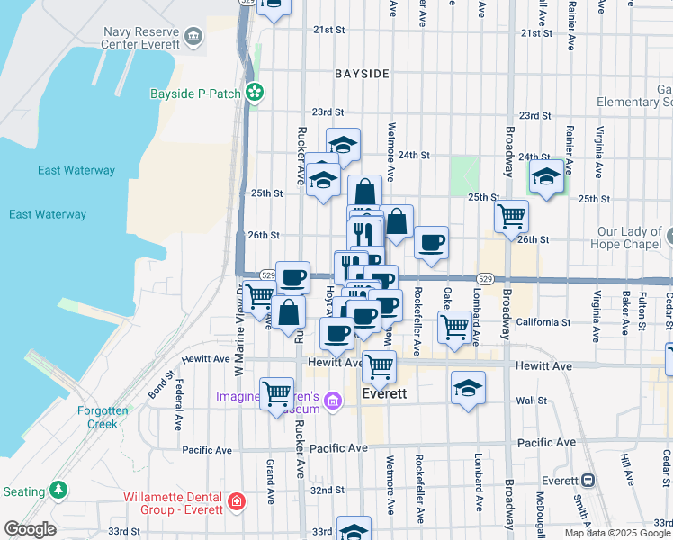 map of restaurants, bars, coffee shops, grocery stores, and more near 2625 Hoyt Avenue in Everett