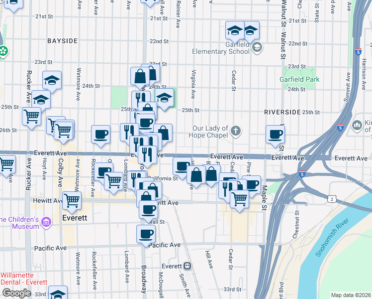 map of restaurants, bars, coffee shops, grocery stores, and more near 2319 Everett Avenue in Everett
