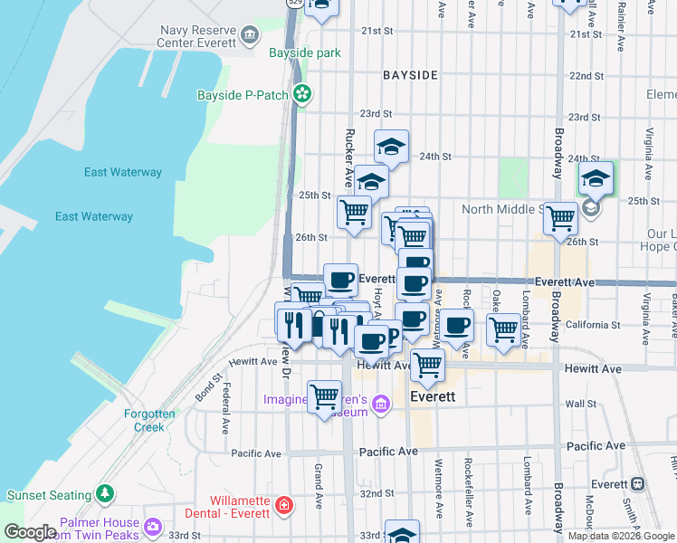 map of restaurants, bars, coffee shops, grocery stores, and more near 2632 Rucker Avenue in Everett