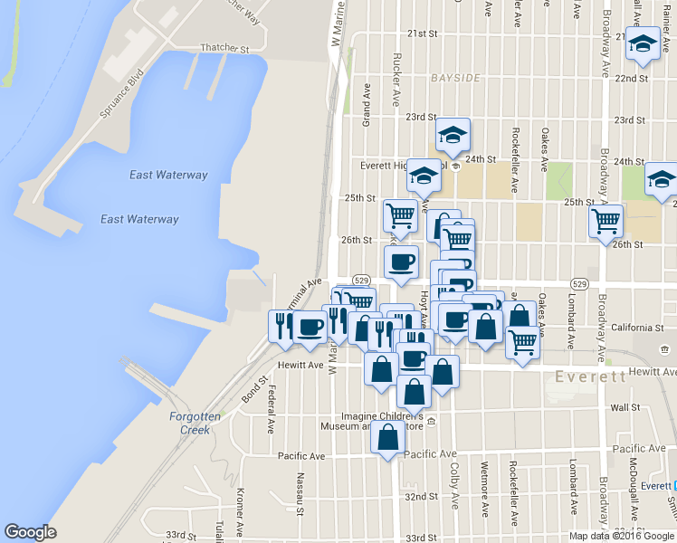 map of restaurants, bars, coffee shops, grocery stores, and more near 1201 Everett Avenue in Everett