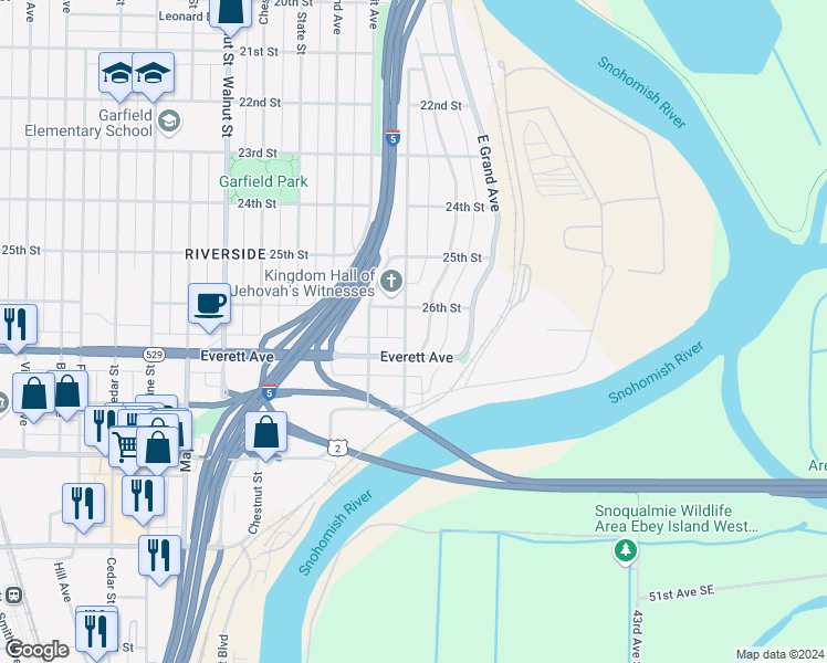 map of restaurants, bars, coffee shops, grocery stores, and more near 2615 Harrison Avenue in Everett