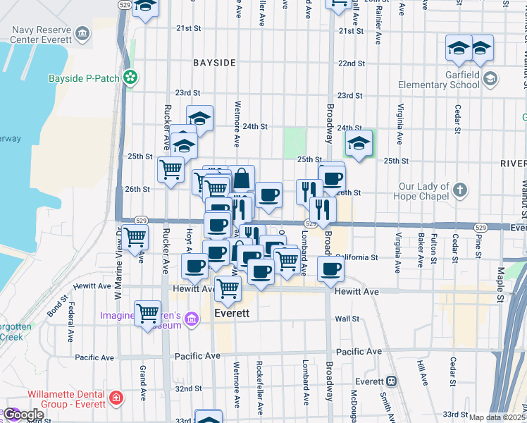 map of restaurants, bars, coffee shops, grocery stores, and more near 2621 Rockefeller Avenue in Everett