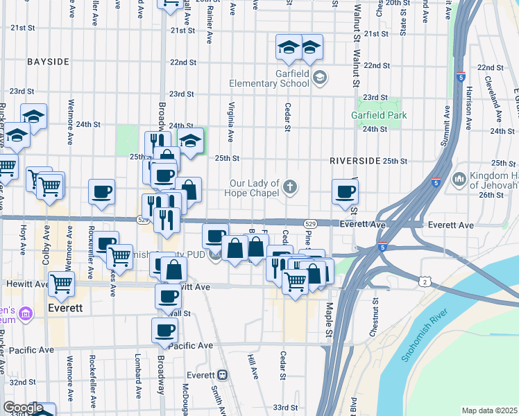 map of restaurants, bars, coffee shops, grocery stores, and more near 2626 Baker Avenue in Everett