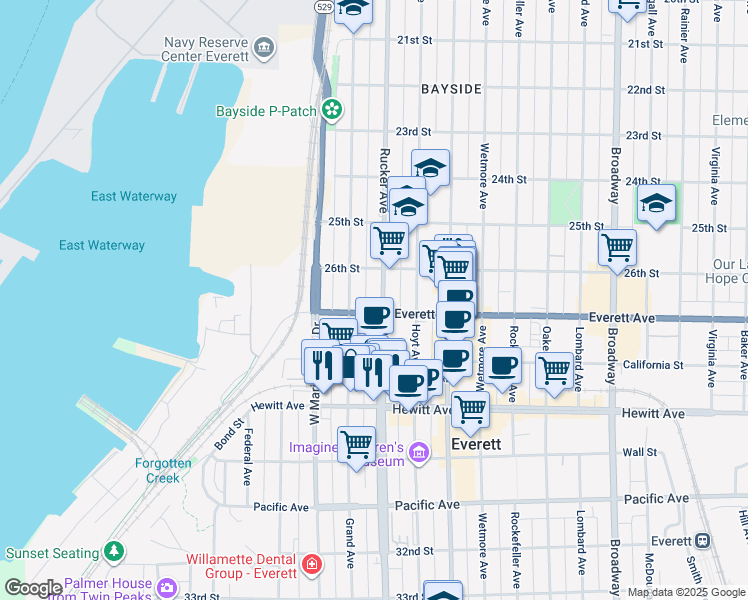 map of restaurants, bars, coffee shops, grocery stores, and more near 2701 Grand Avenue in Everett