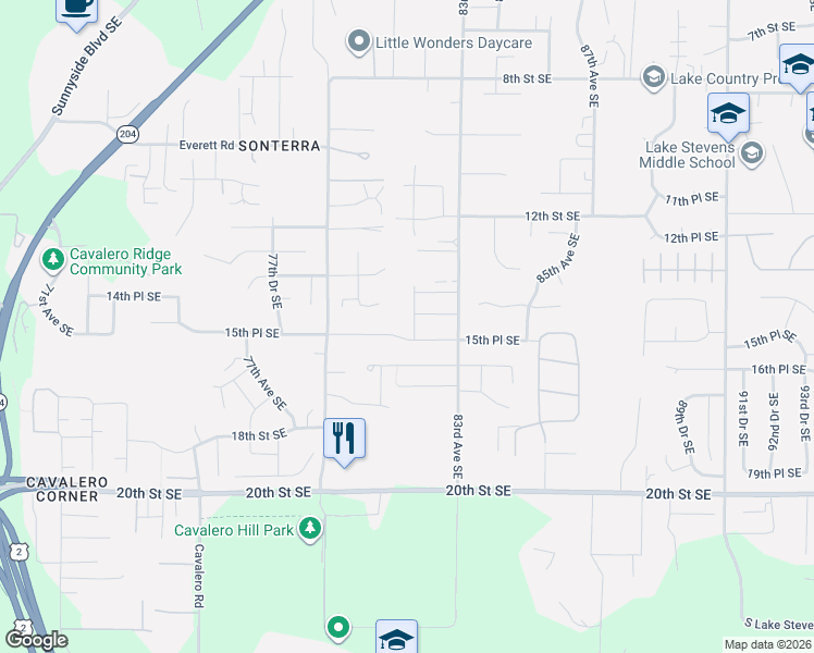 map of restaurants, bars, coffee shops, grocery stores, and more near 1406 82nd Avenue Southeast in Lake Stevens