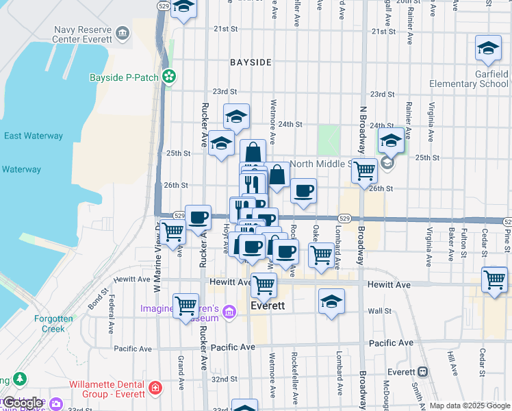 map of restaurants, bars, coffee shops, grocery stores, and more near 2625 Colby Avenue in Everett