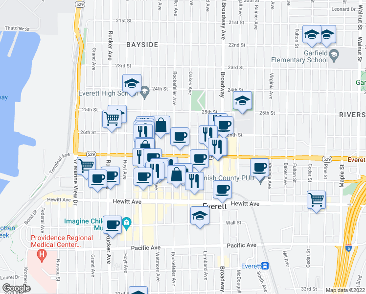 map of restaurants, bars, coffee shops, grocery stores, and more near 2620 Oakes Avenue in Everett