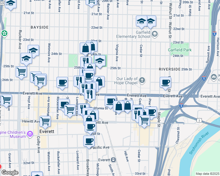 map of restaurants, bars, coffee shops, grocery stores, and more near 2319 Everett Avenue in Everett