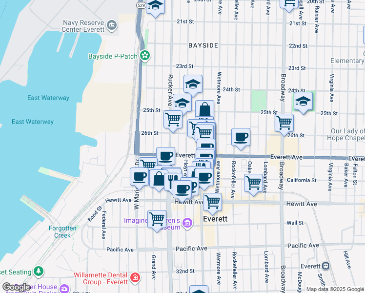 map of restaurants, bars, coffee shops, grocery stores, and more near 2629 Rucker Avenue in Everett