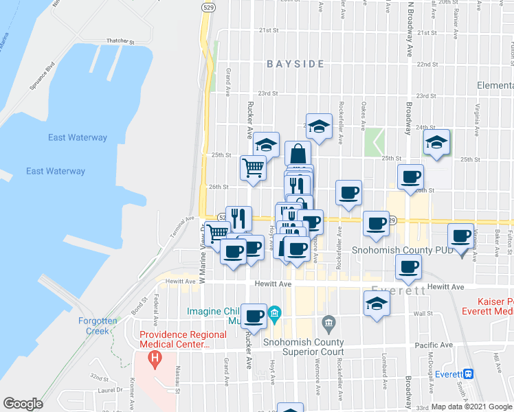 map of restaurants, bars, coffee shops, grocery stores, and more near 2629 Rucker Avenue in Everett