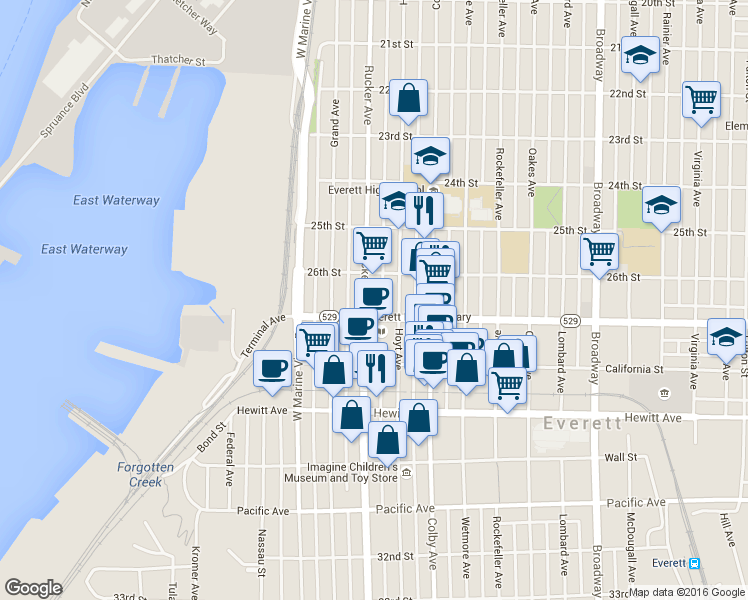 map of restaurants, bars, coffee shops, grocery stores, and more near 2629 Rucker Avenue in Everett
