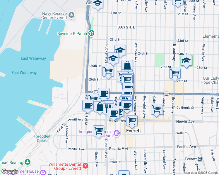 map of restaurants, bars, coffee shops, grocery stores, and more near 2619 Rucker Avenue in Everett