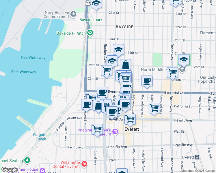map of restaurants, bars, coffee shops, grocery stores, and more near 2629 Rucker Avenue in Everett