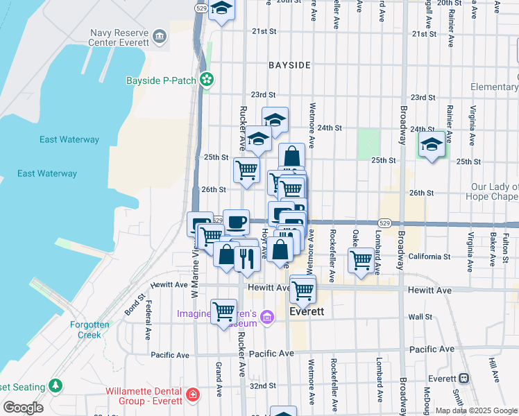 map of restaurants, bars, coffee shops, grocery stores, and more near 2629 Rucker Avenue in Everett